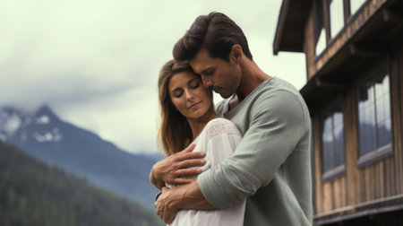 A man and woman embrace in front of a cabin, AIの素材