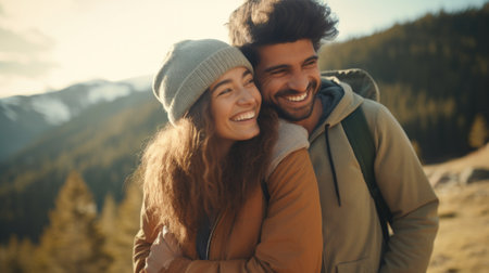 A man and woman are smiling while standing in the mountains, AIの素材
