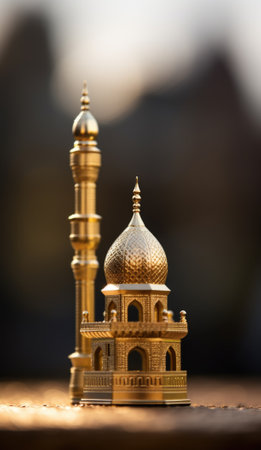 Golden mosque and minaret on wooden table, AIの素材