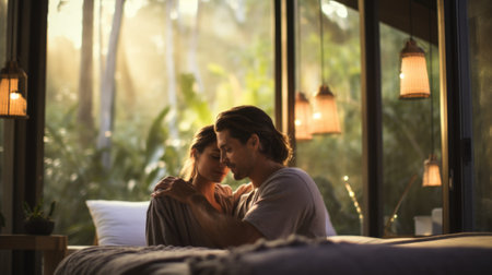 Couple in bed with sunlight streaming through window, AIの素材
