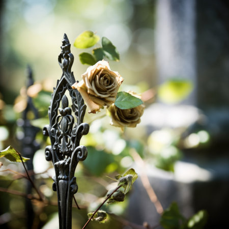 A rose is sitting on a fence post in a cemetery, AIの素材