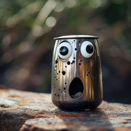 A metal can with eyes on it, AIの素材