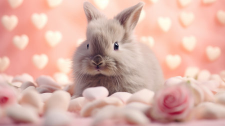 A small bunny sitting in a pile of pink hearts, AIの素材