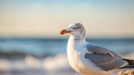 A seagull sitting on a rock near the ocean, AIの素材
