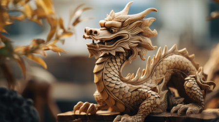 A wooden dragon statue is sitting on a wooden block, AIの素材