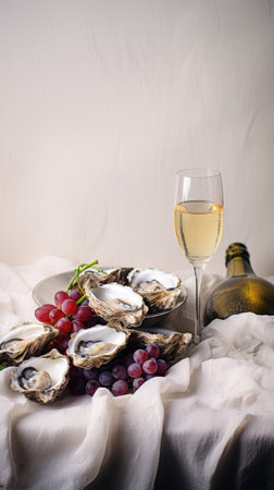 A table with oysters, grapes and a glass of champagne wine, AIの素材