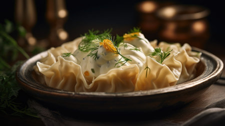 A bowl of food with cheese and herbs, AIの素材