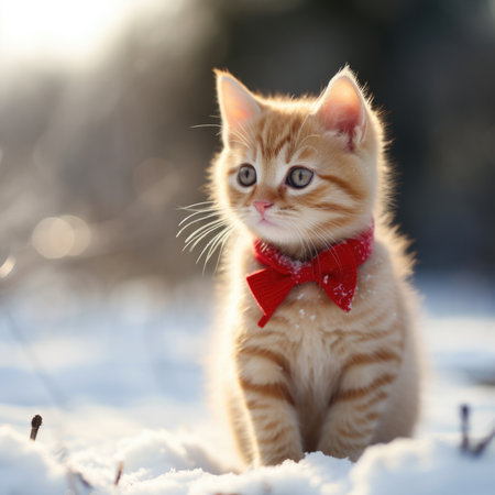 A kitten wearing a red bow tie sitting in the snow, AIの素材