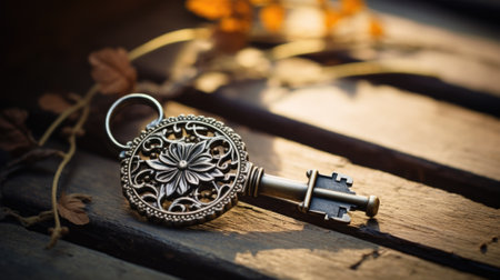 A key with an ornate design laying on a wooden table, AIの素材