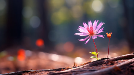 A single pink flower is growing out of the ground, AIの素材