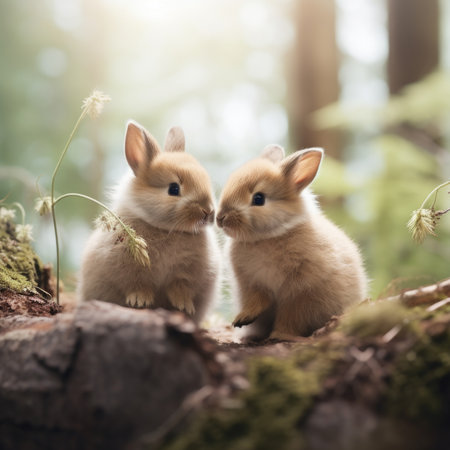 Two small rabbits sitting on a log in the woods, AIの素材