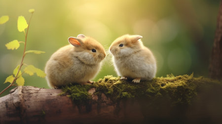 Two small rabbits sitting on a branch in the forest, AIの素材