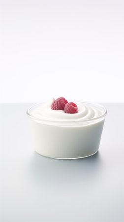Yogurt with raspberries in a bowl on a table, AIの素材