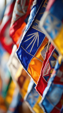 A row of colorful flags hanging on a wall, AIの素材