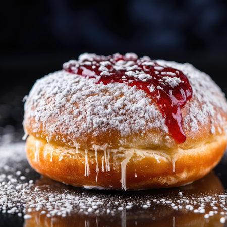 A jewish israeli sufganiyah jelly doughnut with powdered sugar and jam on top, AIの素材
