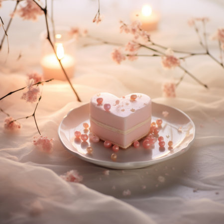 A heart shaped cake on a plate with pearls, AIの素材