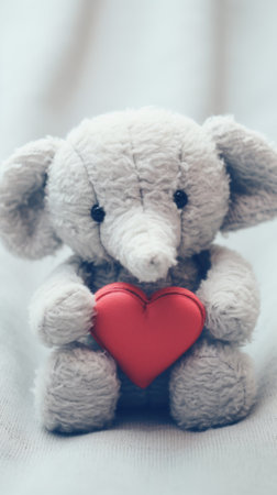 A stuffed elephant holding a red heart, AIの素材