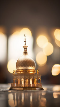 A golden dome on a table with lights in the background, AIの素材