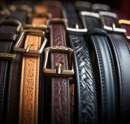 A close up of a variety of leather belts, AIの素材