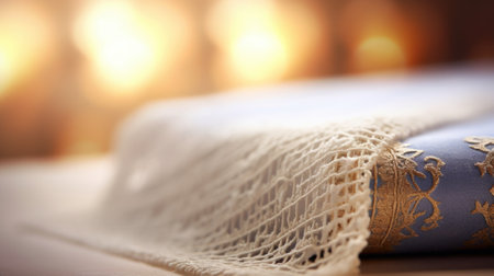 A blue book with a gold border and lace, AIの素材