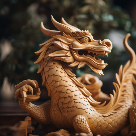 A wooden dragon statue on a table, AIの素材