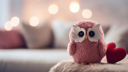A pink owl with a heart on its head sits on a couch, AIの素材