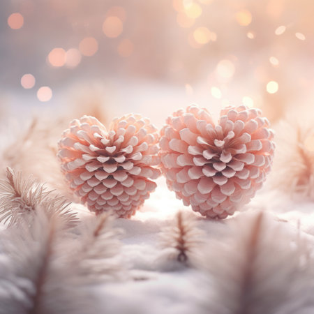 Two pine cones with hearts on them in the snow, AIの素材