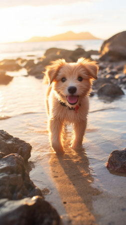 A small dog is walking on the beach at sunset, AIの素材