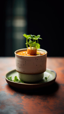 A bowl of soup with a green sprout on top, AIの素材