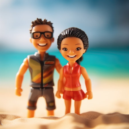 A toy couple standing on the beach, AIの素材