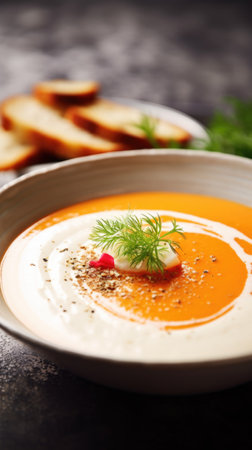 A bowl of soup with a slice of bread on the side, AIの素材