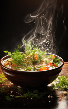 A bowl of soup with vegetables and herbs on a table, AIの素材