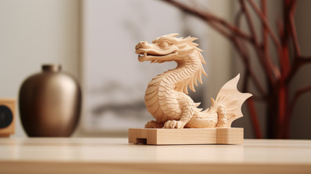 A wooden dragon figurine on a table, AIの素材