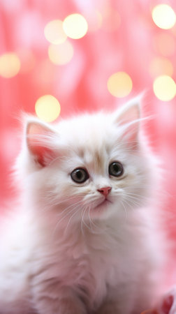 A white kitten sitting on a pink background, AIの素材