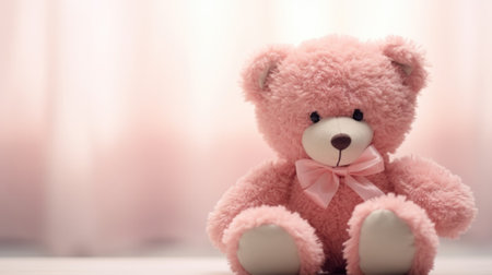 Pink teddy bear sitting on a wooden table, AIの素材