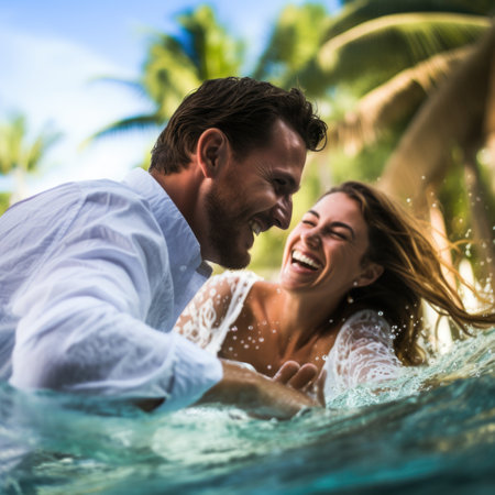 A man and woman are laughing in the water, AIの素材