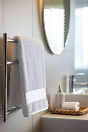 A towel hanging on a towel rack in a bathroom, AIの素材