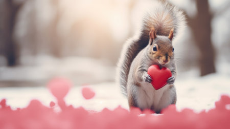 A squirrel holding a heart in the snow, AIの素材
