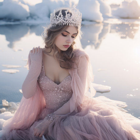 A beautiful woman in a pink dress sitting on ice, AIの素材