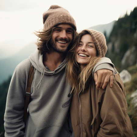 A man and woman are smiling while standing on a mountain, AIの素材