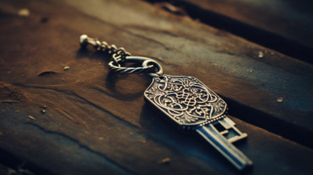 Keychain with a key on a wooden table, AIの素材
