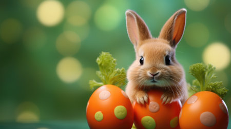 A cute little bunny is sitting on top of some eggs, AIの素材