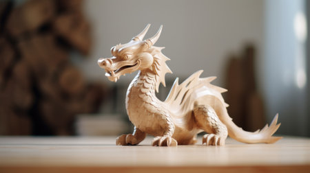 A wooden dragon figurine as a symbol of chinese new year 2024 on a table, AIの素材