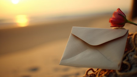 An envelope with a rose on the beach at sunset, AIの素材