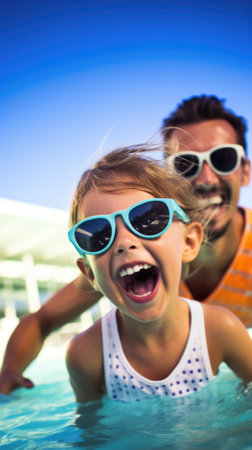 A man and a little girl in sunglasses in a pool, AIの素材