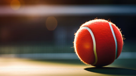 A red tennis ball on the court with a bright light, AIの素材