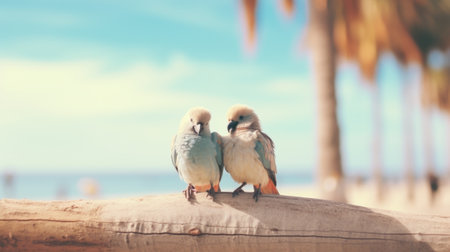 Two birds sitting on a tree branch near the beach, AIの素材
