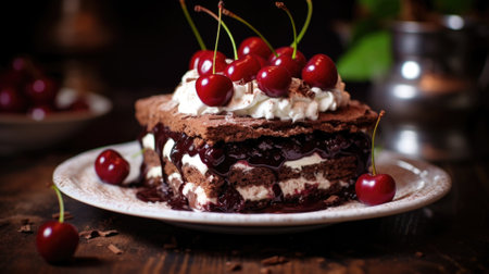 A piece of German chocolate cake black forest with cherries, AIの素材