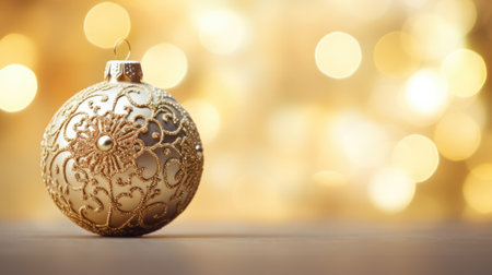 Golden christmas ornament on a table with bokeh lights, AIの素材