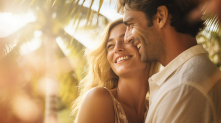 A man and woman are smiling while standing in front of palm trees, AIの素材
